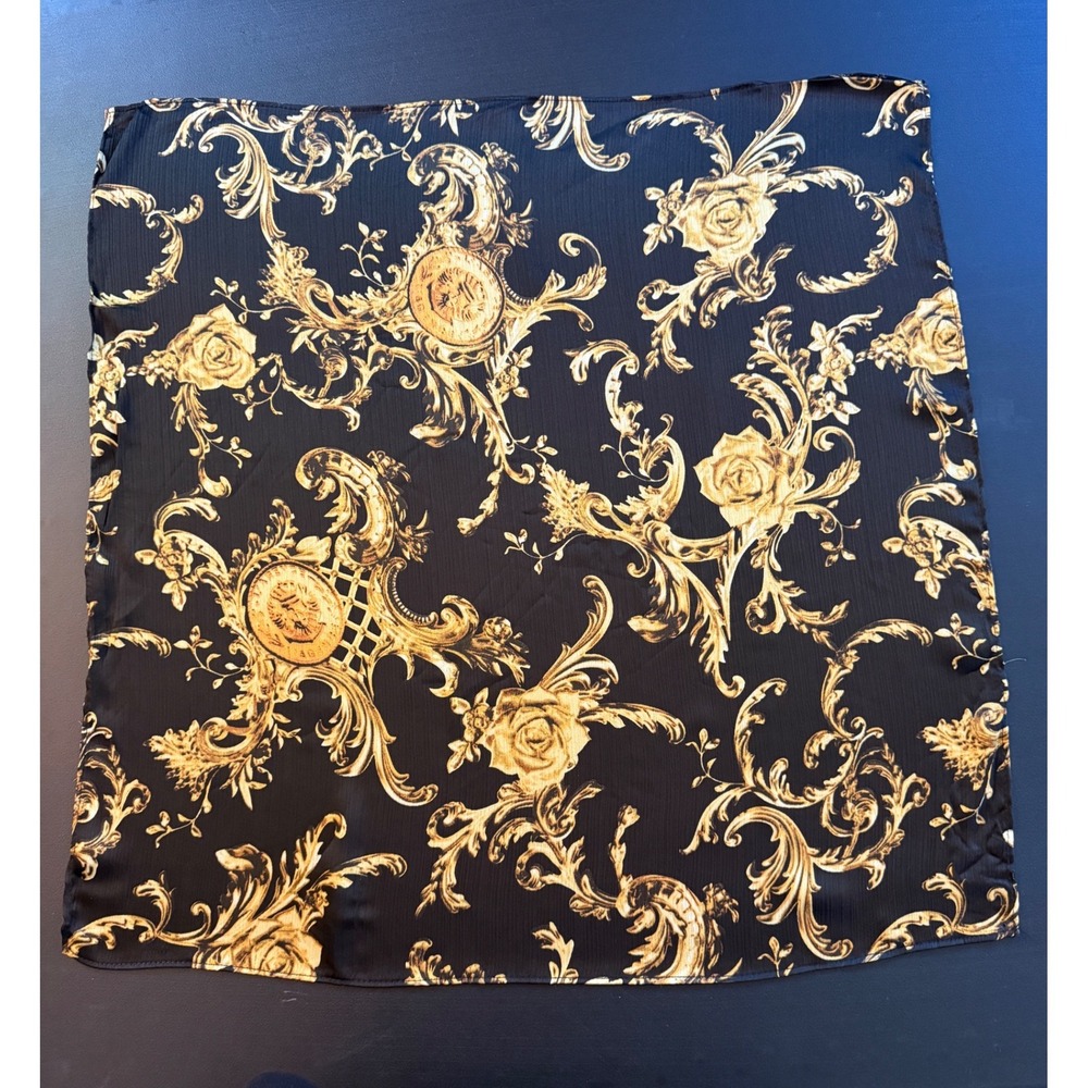 Vintage Style Gold Baroque Floral Print Square Scarf Black Gold‎ Medallion